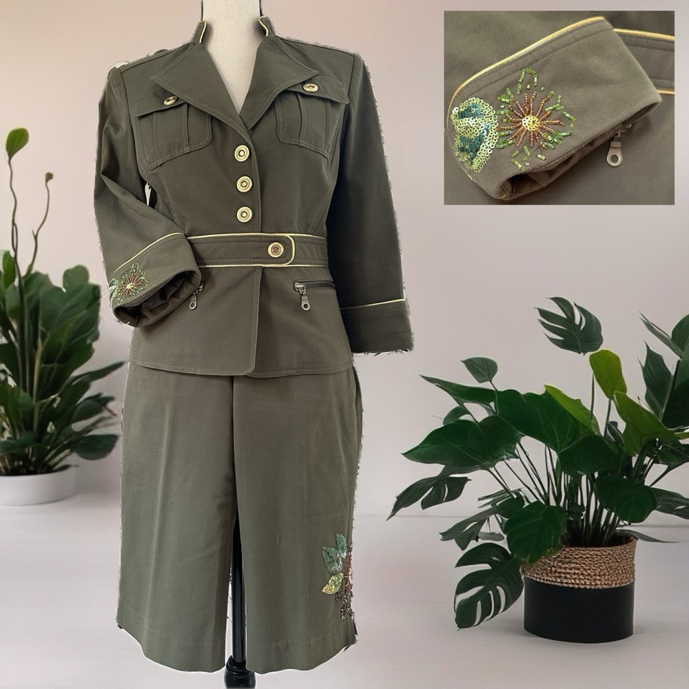 Cynthia Steffe Olive Green Embroidered Blazer & Knee Length Pants